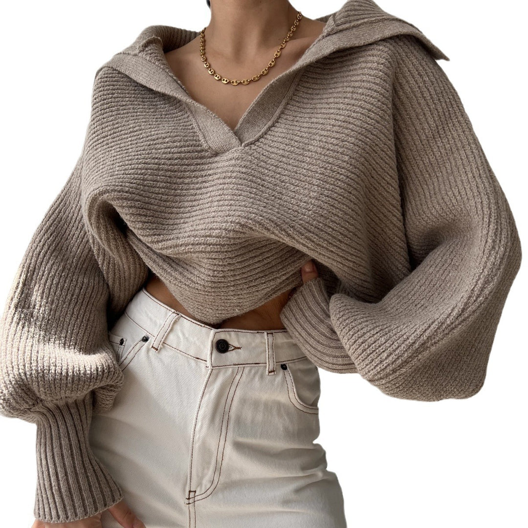 Damen Grobstrick Cropped-Pullover mit weitem Matrosenkragen und Oversize-Ärmeln EB