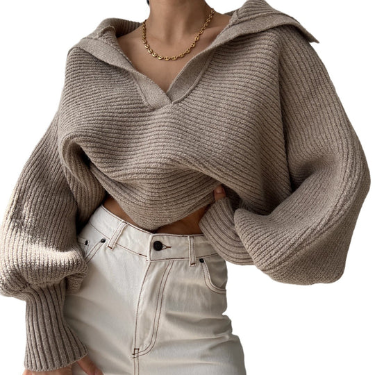 Damen Grobstrick Cropped-Pullover mit weitem Matrosenkragen und Oversize-Ärmeln EB