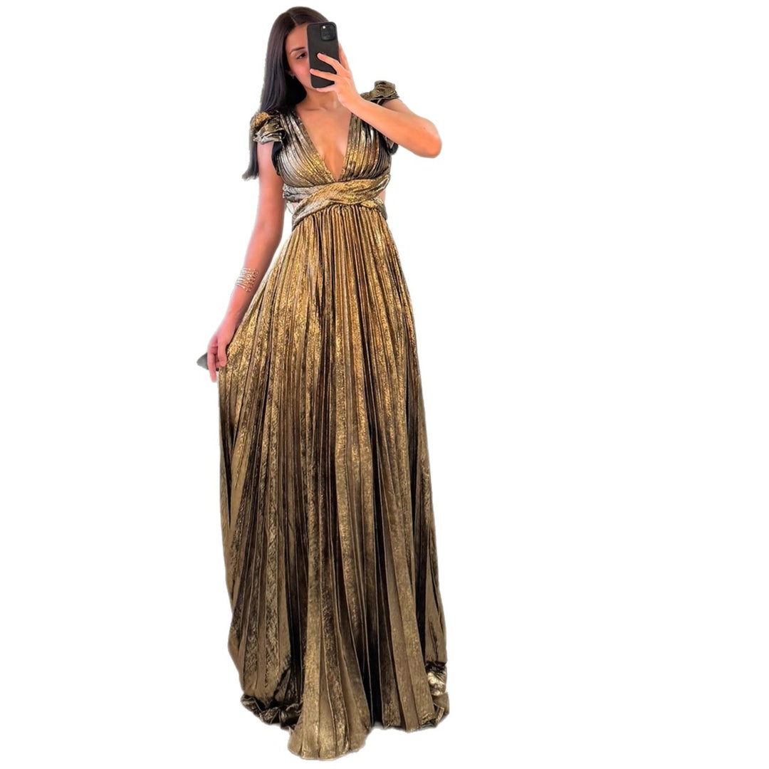 Damen Glamouröses Plissee-Maxikleid mit tiefem V-Ausschnitt und Puffärmeln EB