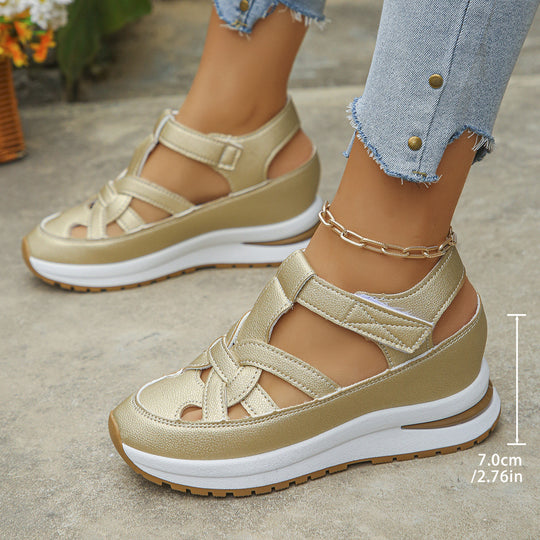 Damen Geschlossene Plateau-Sport-Sandalen mit geflochtenen Riemen und Klettverschluss EB