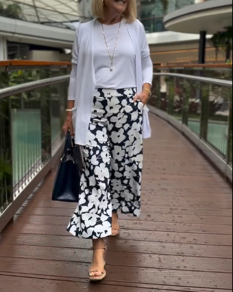 Damen Weite Culotte-Hose mit floralem Muster und elastischem Bund Heidi-Mode