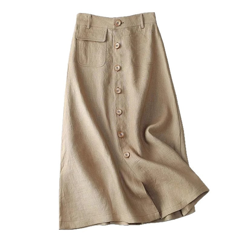 Damen Langer Leinenrock mit Knopfdetails und Taschen EB