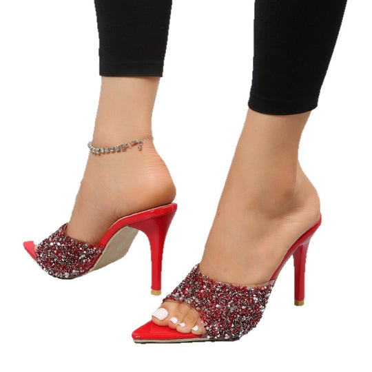 Damen Glamouröse High Heel Mules mit schimmerndem Strassbesatz EB