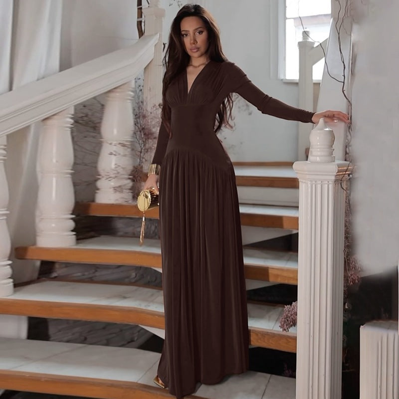 Damen Elegantes Maxikleid mit tiefem V-Ausschnitt und fließendem Schnitt EB