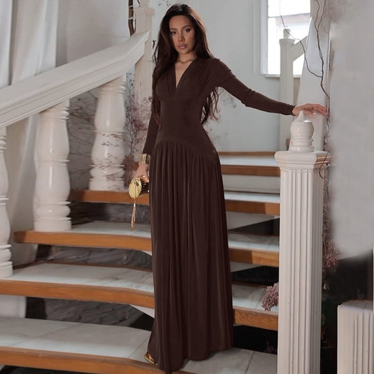 Damen Elegantes Maxikleid mit tiefem V-Ausschnitt und fließendem Schnitt EB