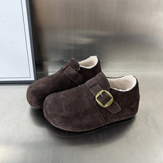 Damen Komfortable Wildleder-Clogs mit luxuriösem Fleece-Innenfutter und modischer Schnallenverzierung EB