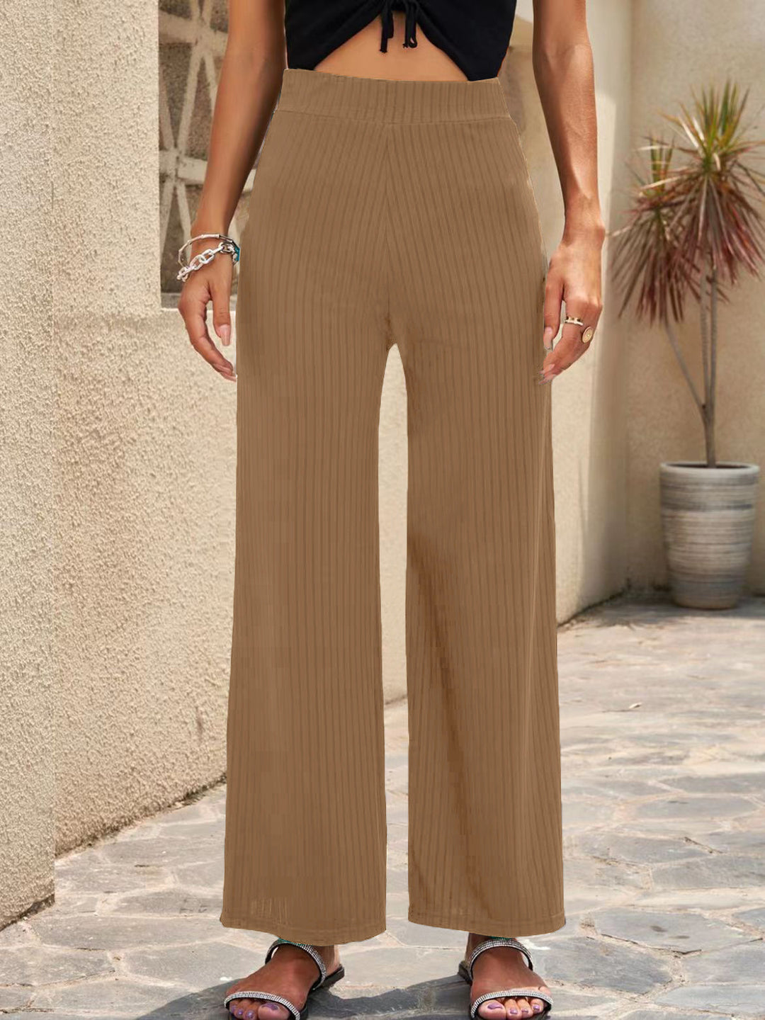 Damen Weite, gestreifte Plisseehose mit hohem Bund und elastischem Taillenbund EB