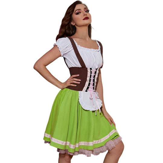 Damen nan Trachten-Festkleid mit figurbetonter Korsett-Schnürung, geraffter Carmenbluse und mehrlagigem Tellerrock EB