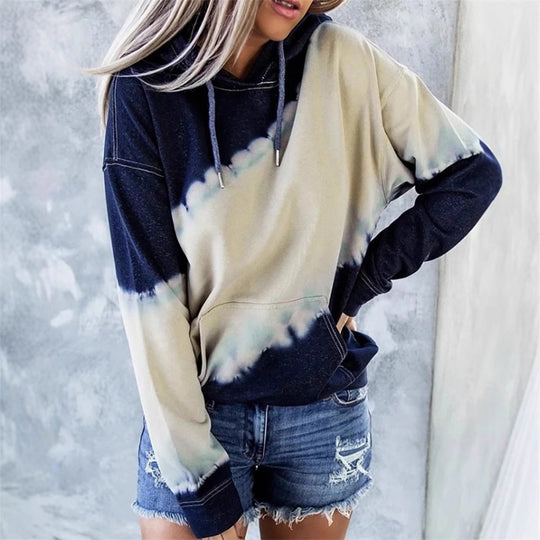 Damen lockerer Hoodie mit tieferem Kragen und einzigartigem Batikdesign EB