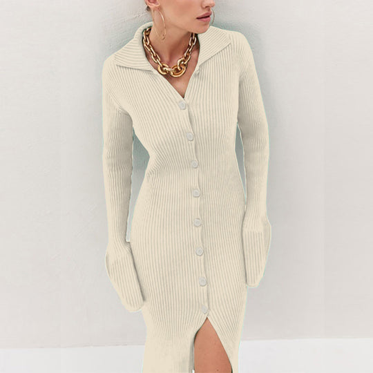 Damen Strickkleid mit modischem Knopfverschluss und elegantem Schlitz EB