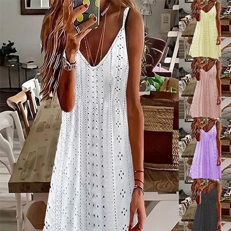 Damen Ärmelloses Sommerkleid mit dekorativem Lochmuster und V-Ausschnitt EB