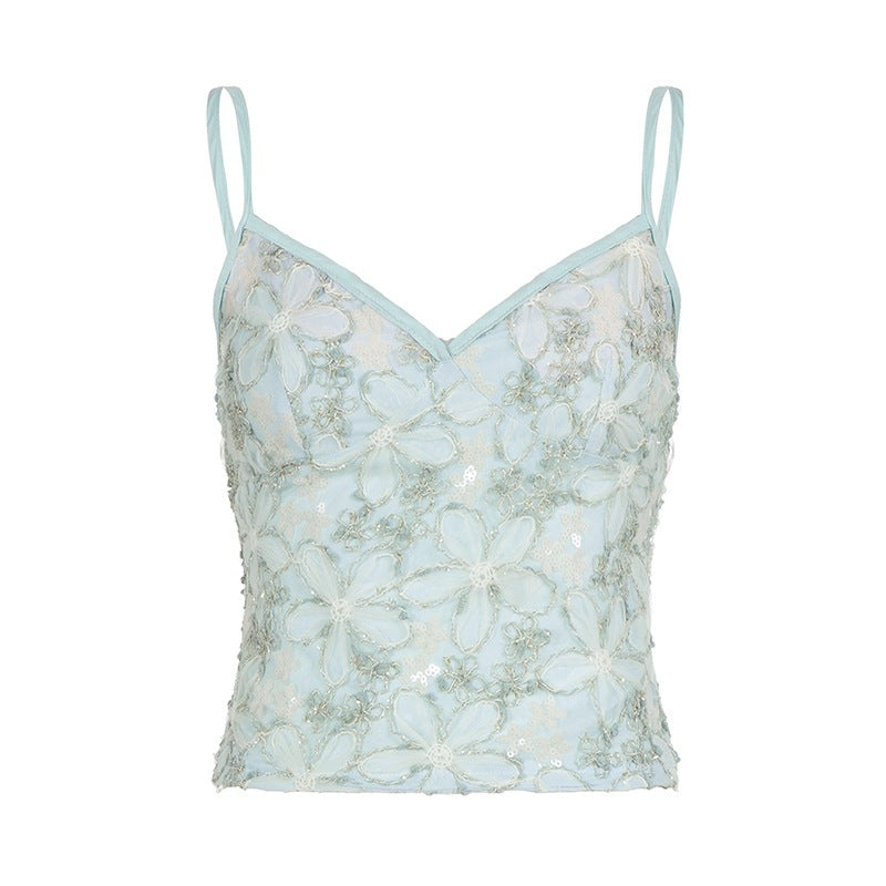 Damen Spitzen-Top mit floraler Gestaltung und raffiniertem V-Ausschnitt EB