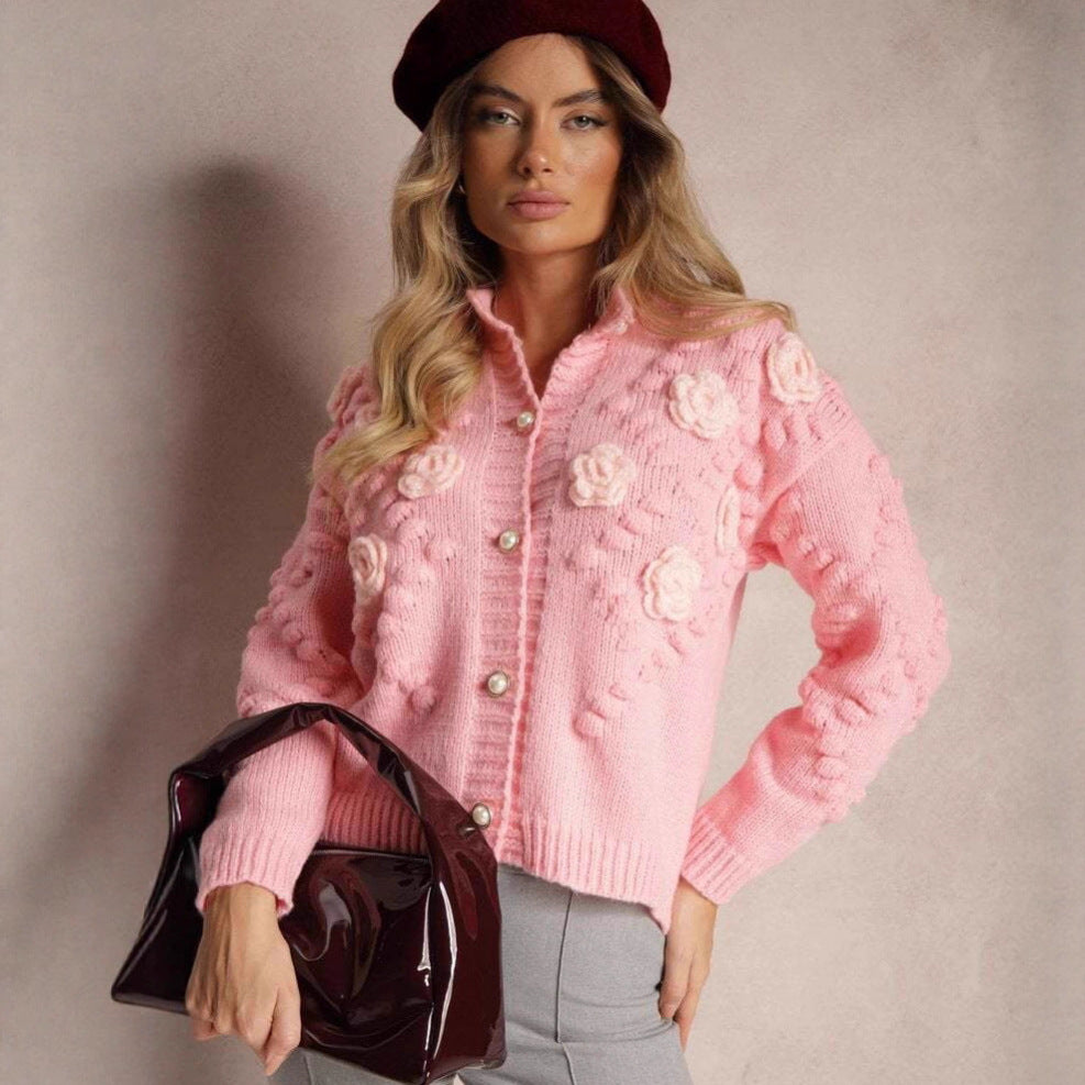 Damen Strickjacke mit floralen Details und Knopfverschluss EB