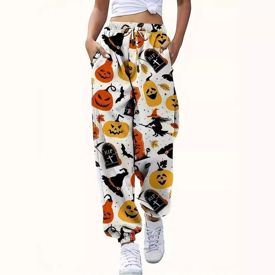 Damen Freizeithose mit buntem Halloween-Motiv und elastischem Bund EB