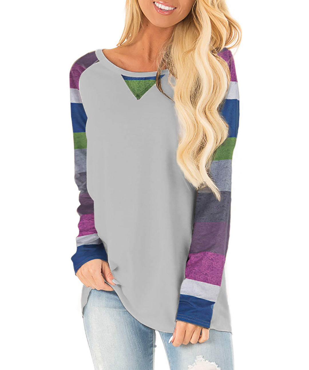 Damen Lässiges Langarmshirt mit grafischem Muster und seitlichen Schlitzen EB