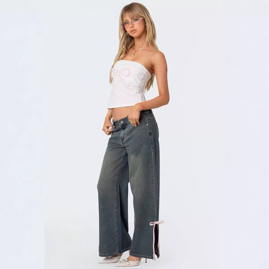 Damen Hohe Taillen Denim-Hose mit modischen Schleifendetails EB