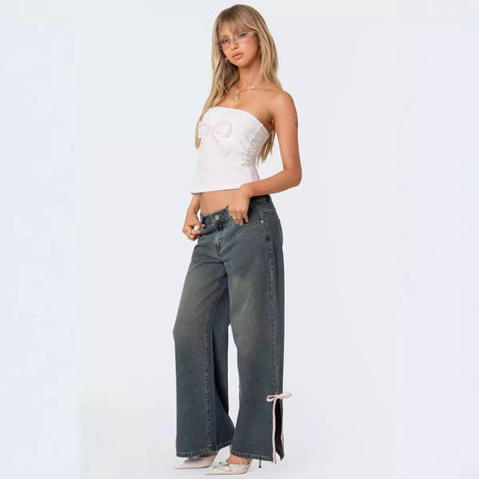 Damen Hohe Taillen Denim-Hose mit modischen Schleifendetails EB