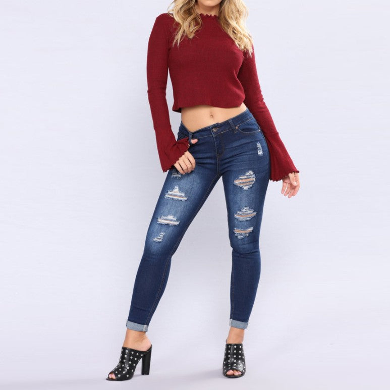 Damen nan hochgeschnittene Skinny-Jeans mit Destroyed-Details und umgeschlagenem Knöchelabschluss EB