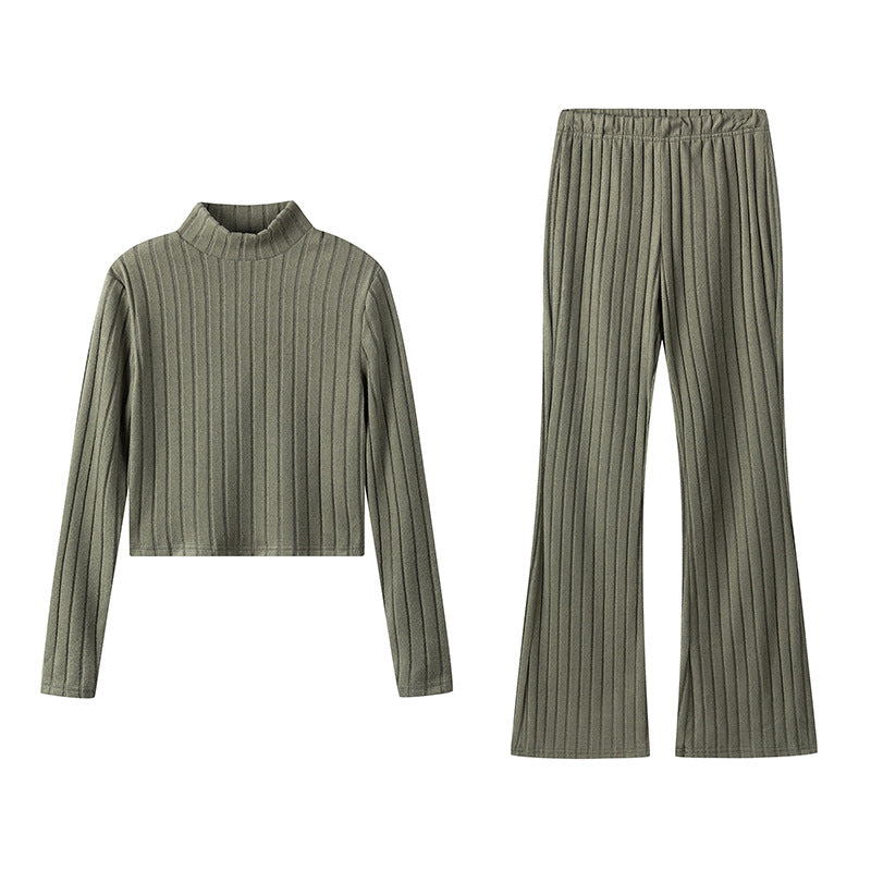 Damen Zweiteiliges Set mit hochgeschlossenem Pullover und ausgestellter Hose EB
