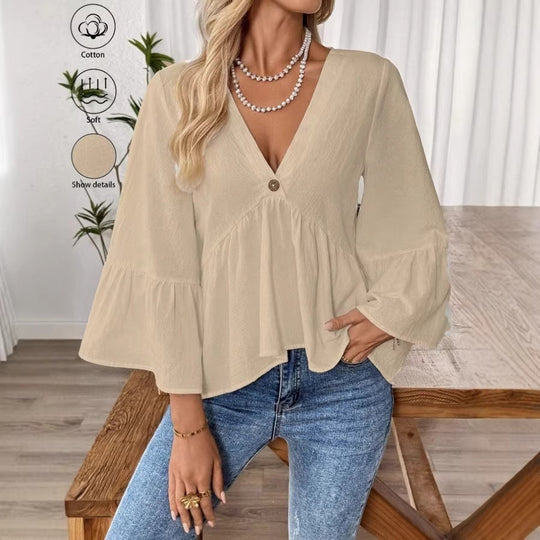 Damen nan elegante Empire-Bluse mit V-Ausschnitt, geraffter Brustnaht und Glockenärmeln EB