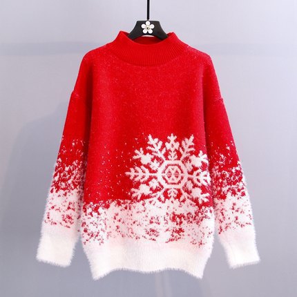 Damen gemütlicher Strickpullover mit winterlichem Schneeflockenmotiv EB