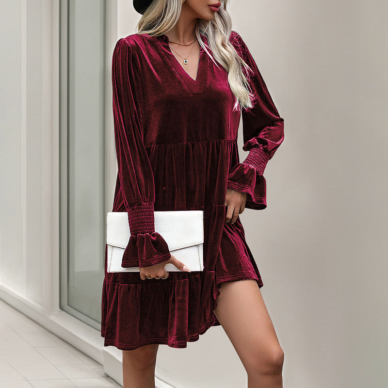 Damen V-Ausschnitt Mini-Kleid mit voluminösen Ärmeln und Rüschendesign EB
