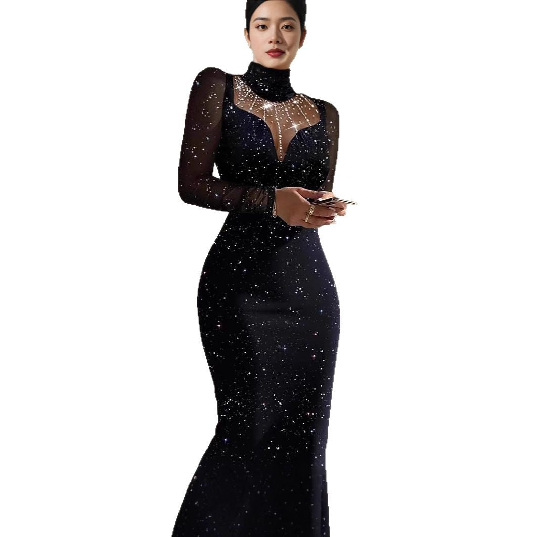 Damen Elegantes Abendkleid mit transparenten Ärmeln und schimmerndem Sternenmuster EB