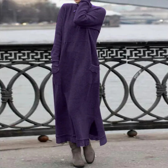 Damen nan langes Strickmaxikleid mit Seitenschlitzen und aufgesetzten Taschen EB