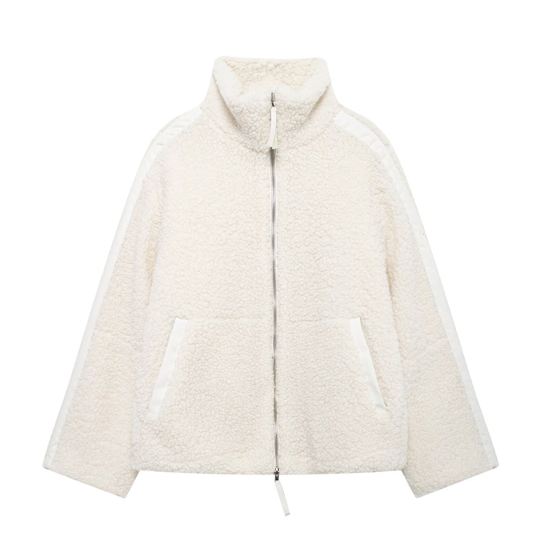 Damen Teddy-Fleecejacke mit hohem Kragen und seitlichen Reißverschlusstaschen EB