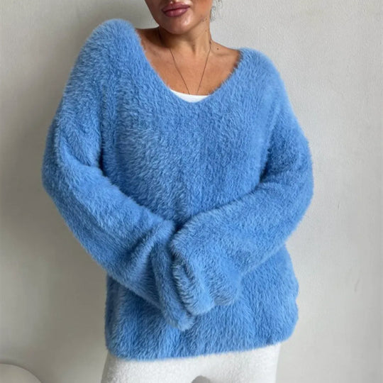 Damen Oversize-Flauschpullover mit V-Ausschnitt und Teddy-Optik EB