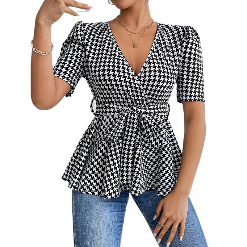 Damen Wickelbluse mit lässigem Schnitt und modischem Hahnentritt-Muster EB