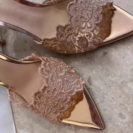 Damen elegante Slingback-Mules mit Spitze und filigraner Blumenverzierung EB