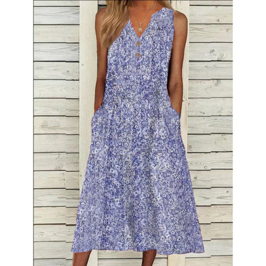 Damen Midi-Kleid mit tiefem V-Ausschnitt, Knopfdetails und praktischen Taschen EB