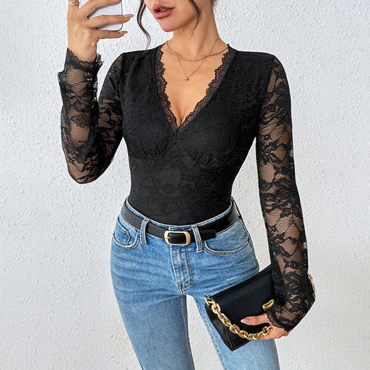 Damen Eleganter Spitzen-Body mit Korsett-Teilung und langen Transparentärmeln EB