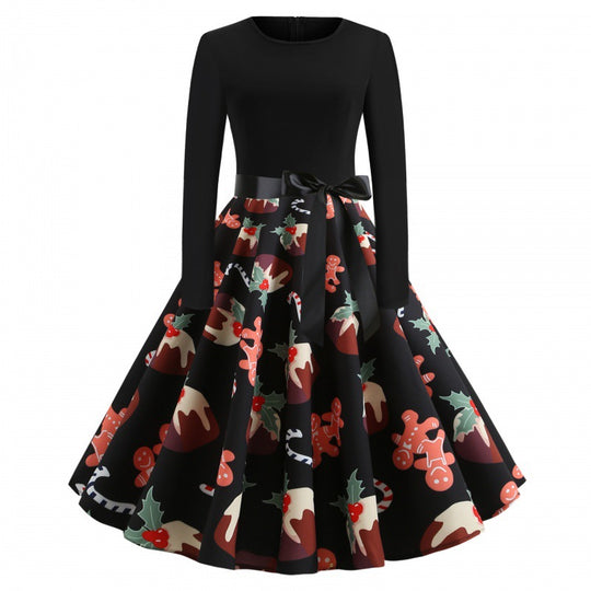 Damen Festliches Tellerkleid im Retro Stil mit langen Ärmeln tailliertem Oberteil und Satin‑Taillenschleife EB