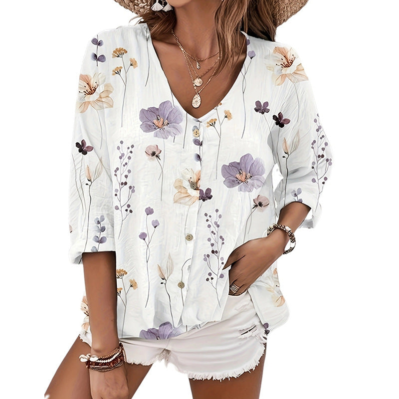 Damen Lässiges Blusenshirt mit floralem Druck und Knopfverschluss EB