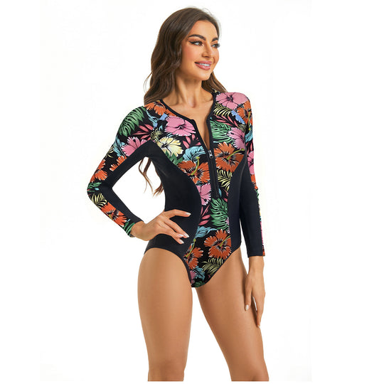 Damen Sportlicher Langarm Badeanzug mit floralem Grafikdesign EB