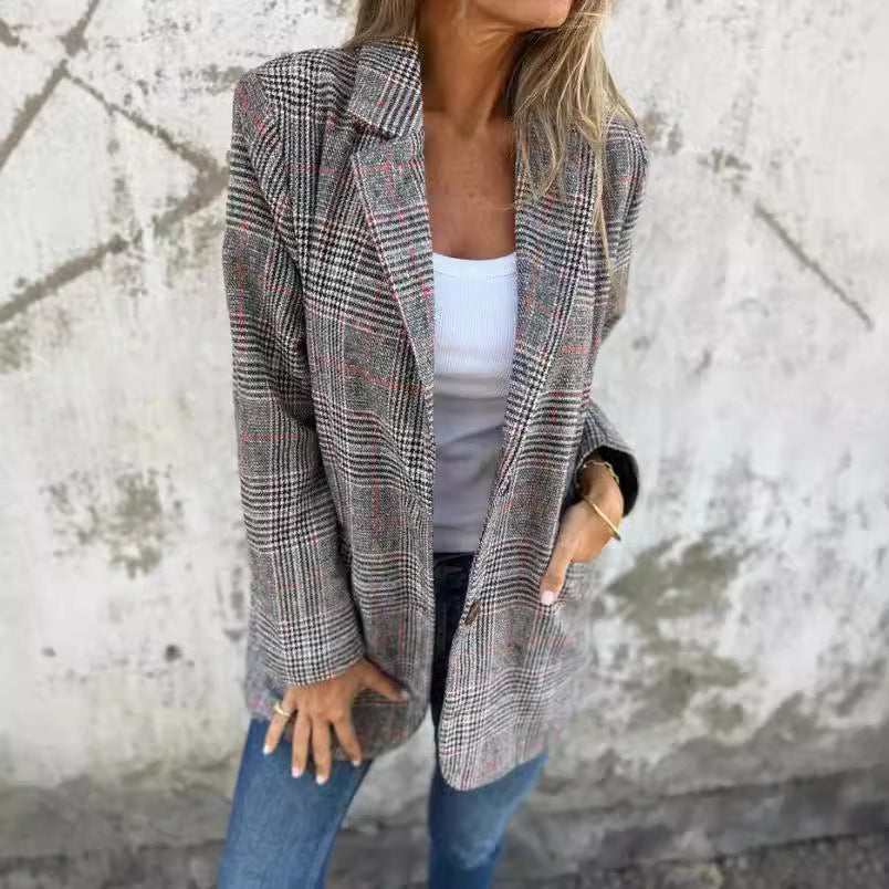 Damen nan oversized Karoblazer mit Reverskragen und aufgesetzten Taschen EB