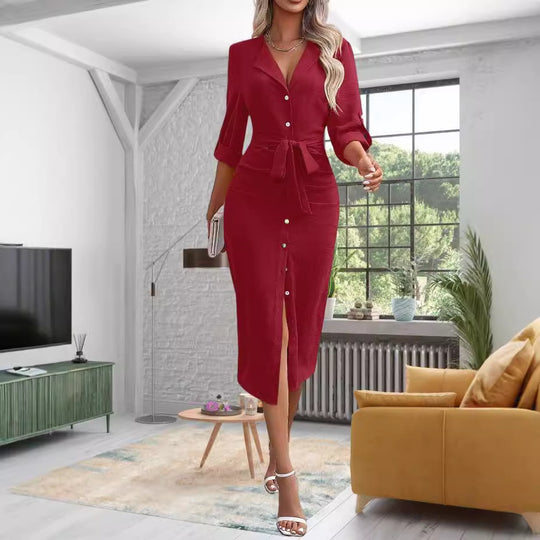 Damen Midikleid mit stilvollem Knopf-Design und eleganter Gürtelbindung Heidi-Mode