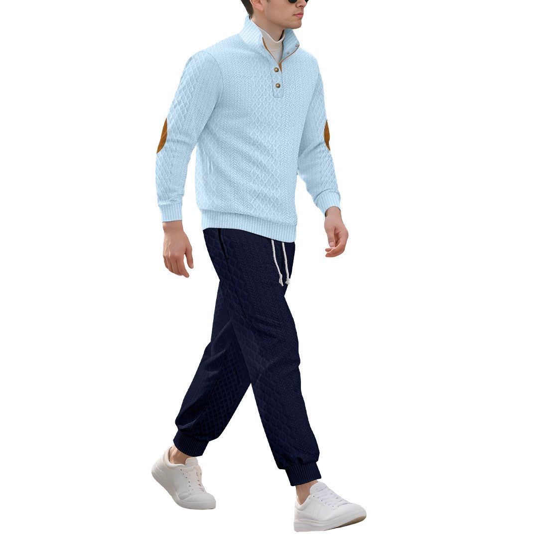 Herren nan strukturiertes Strick-Freizeitset mit Halbknopf-Stehkragen Wildleder-Ellbogenpatches und Kordelbund-Jogger EB