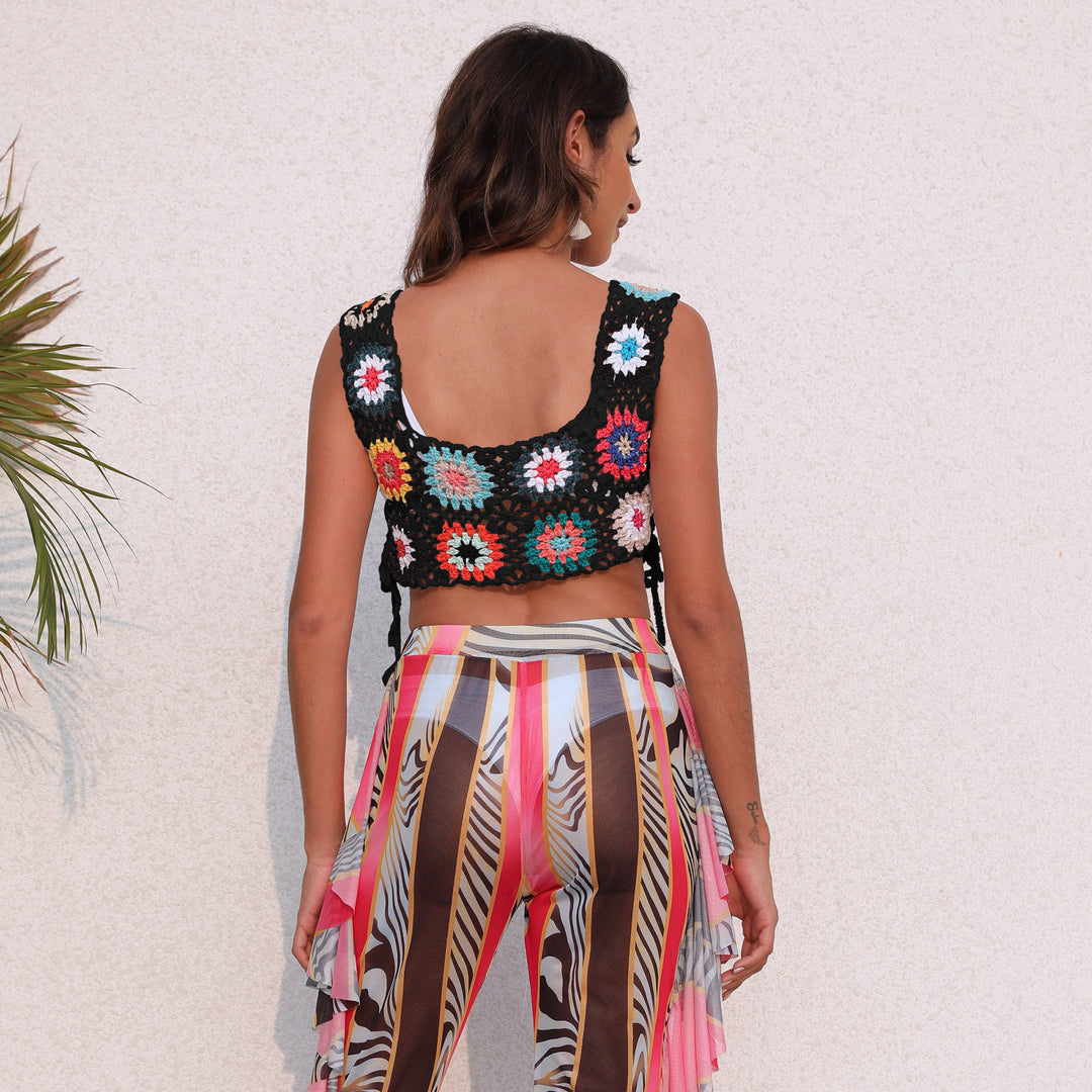 Damen gehäkeltes Crop-Top mit bunten Blumenmotiven EB