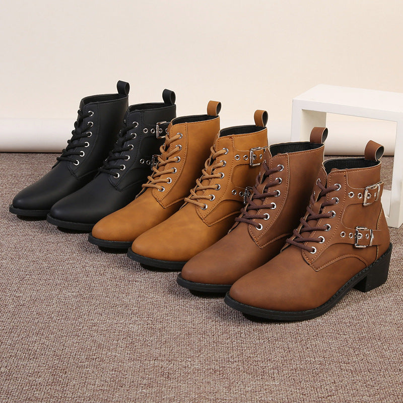 Damen modische Schnürstiefeletten mit praktischen Schnallen und robustem Absatz EB