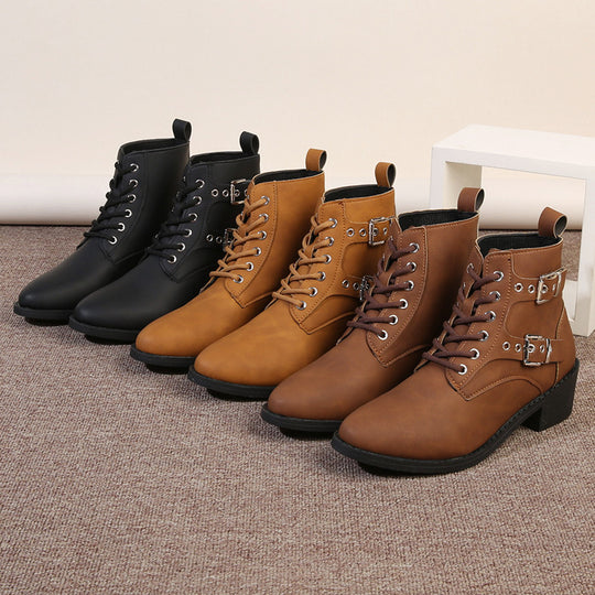 Damen modische Schnürstiefeletten mit praktischen Schnallen und robustem Absatz EB