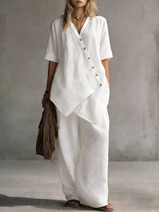 Damen Leinen-Zweiteiler mit asymmetrischer Knopfleiste und weiter Palazzo-Hose EB