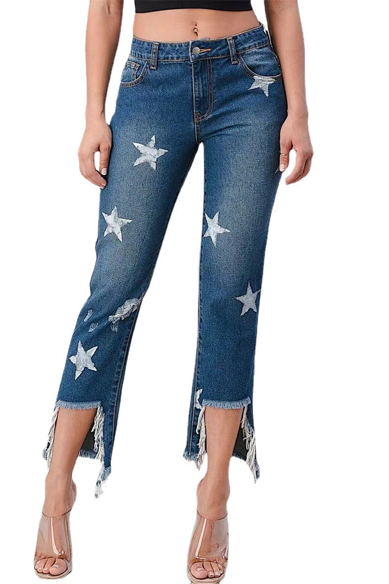 Damen modische Jeans mit Sternen-Design und fransigem Saum EB