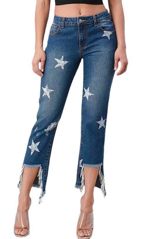 Damen modische Jeans mit Sternen-Design und fransigem Saum EB