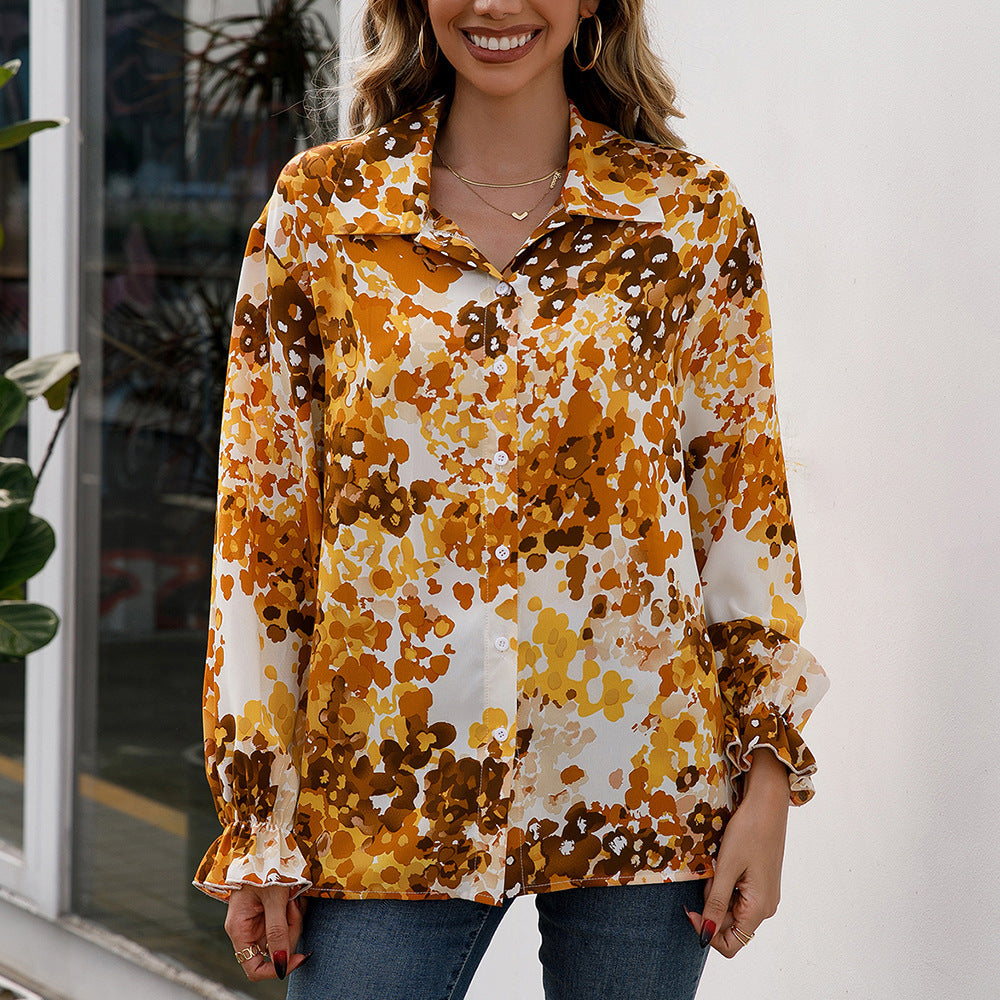Damen elegante Bluse mit floralem Muster und weiten Ärmeln EB
