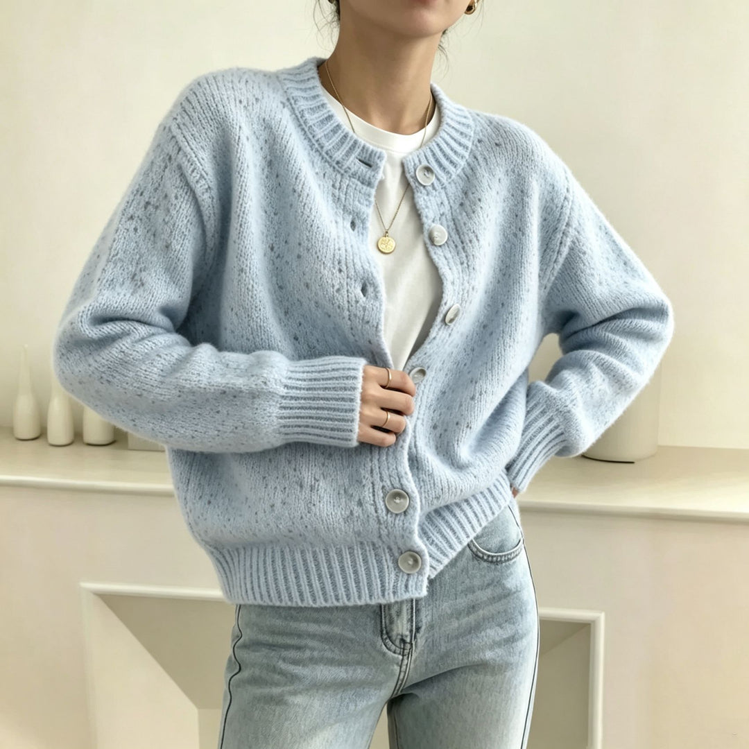 Damen Grobgestrickter Kurzcardigan mit Rundhalsausschnitt und meliertem Tweed-Effekt EB