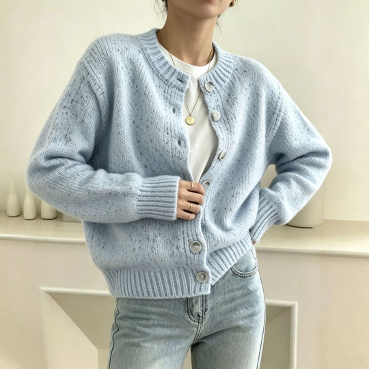 Damen Grobgestrickter Kurzcardigan mit Rundhalsausschnitt und meliertem Tweed-Effekt EB