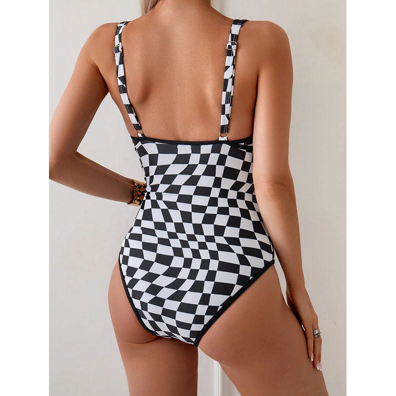 Damen Einteiler Badeanzug mit aufregendem Schachbrettmuster und figurbetonendem Design EB
